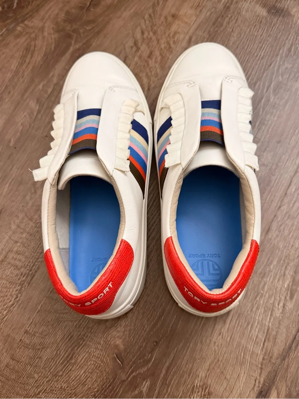 Tory Burch White Leather Slip-On Sneakers with Multicolor Stripe Detail